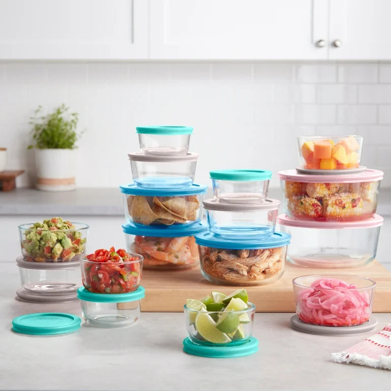 (PREORDER) Pyrex Simply Store Glass Food Storage & Bake Container Set, 32 Piece with Multicolor Lids