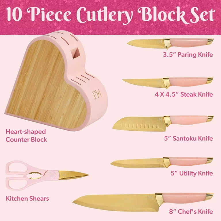 (PREORDER) Paris Hilton 10-Piece Heart-Shaped Stainless Steel Knife Block Set, Pink