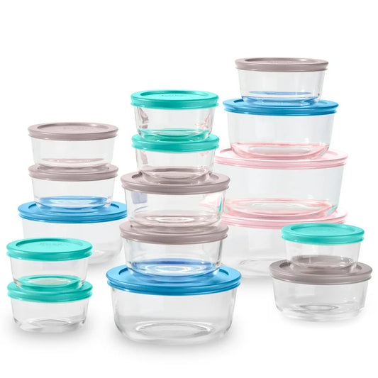 (PREORDER) Pyrex Simply Store Glass Food Storage & Bake Container Set, 32 Piece with Multicolor Lids