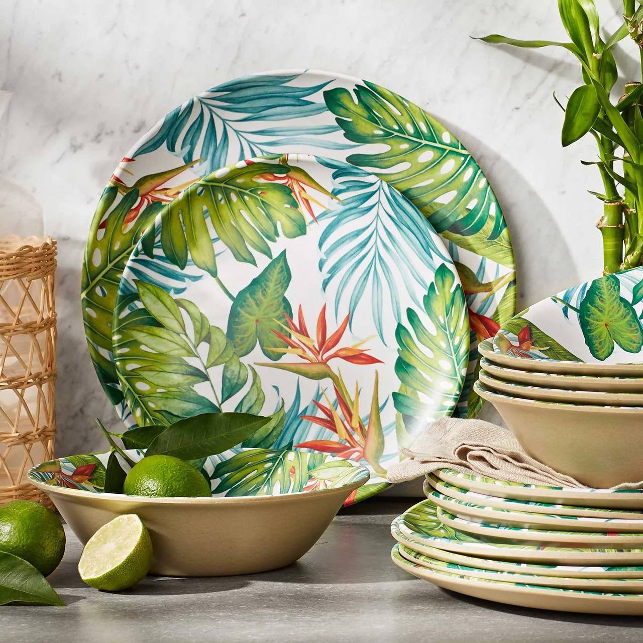 (PREORDER) Member's Mark 18-Piece Bamboo Melamine Dinnerware Set (Palm Island)