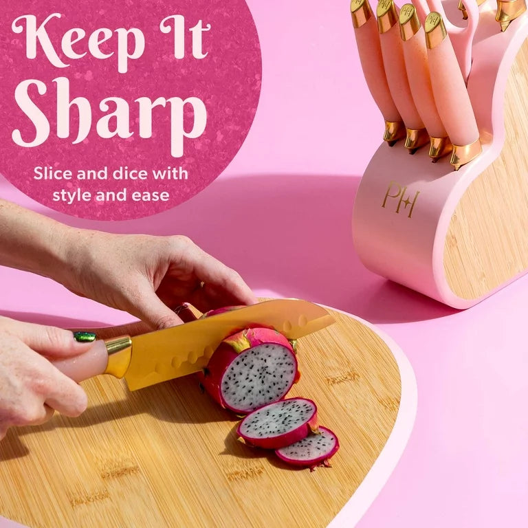 (PREORDER) Paris Hilton 10-Piece Heart-Shaped Stainless Steel Knife Block Set, Pink
